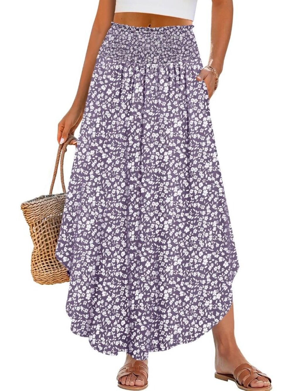 Women's Gray/Purple Boho Floral High Waisted Smocked Flowy Pocket Maxi Skirt